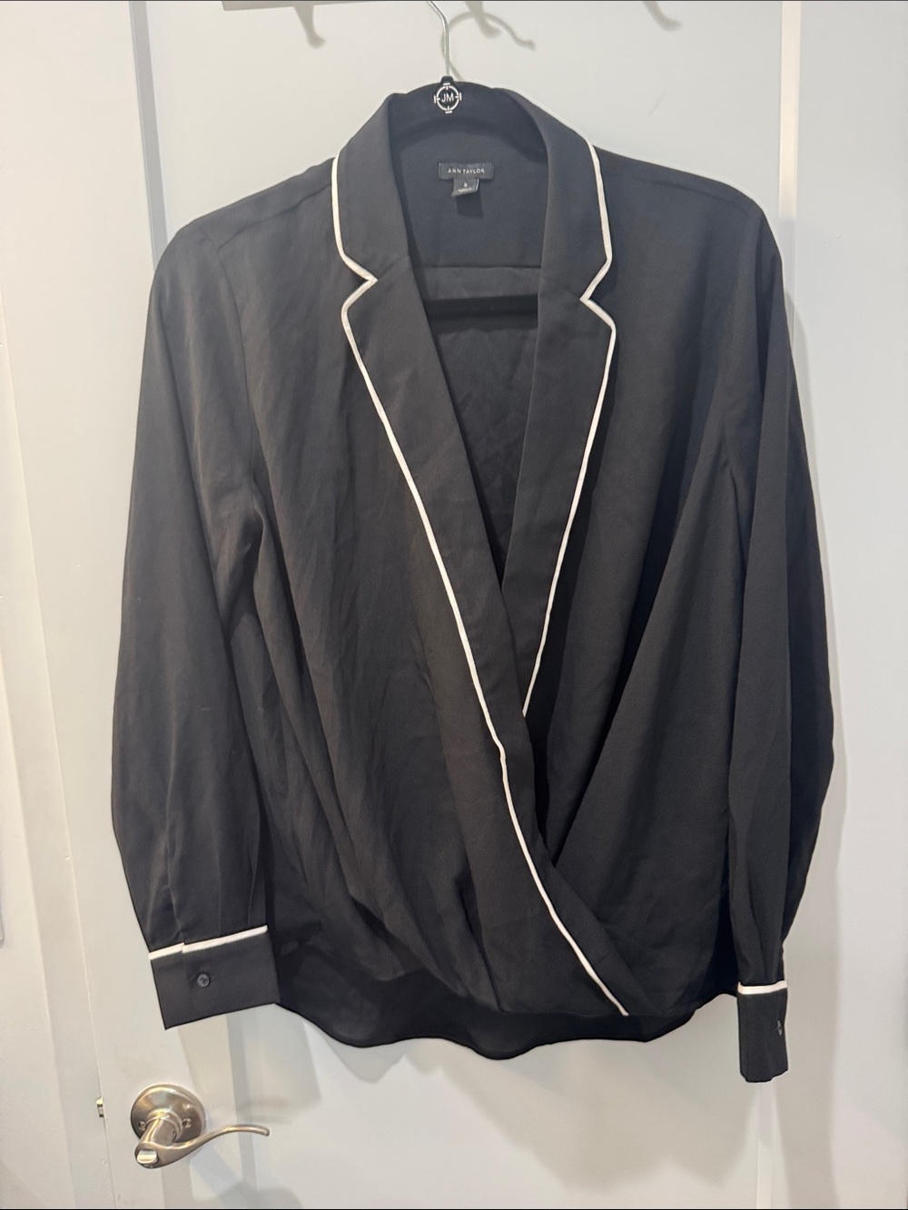 Ann Taylor Black Wrap Shirt with White Piping